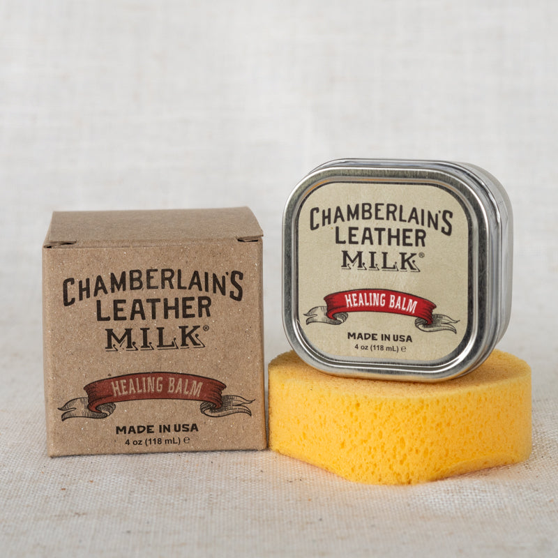 Chamberlain's Leather Healing Balm in a 4 oz container, perfect for rejuvenating worn leather with natural oils.