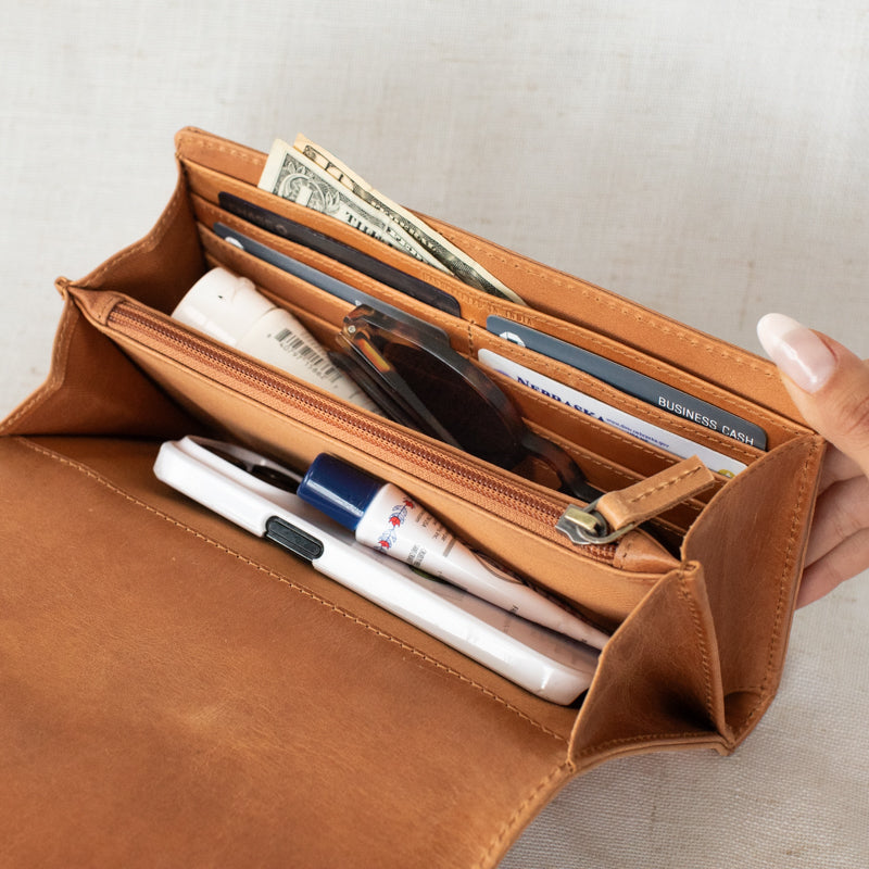 Inside view of the DiMarco Crossbody Bag with Wallet in tan, displaying organized compartments for cards and essentials.