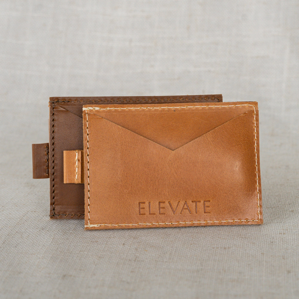 The Lateral Pull-Tab Wallet displayed open, showcasing the quick-access pull tab and organized card slots, a stylish durable pull-tab wallet.