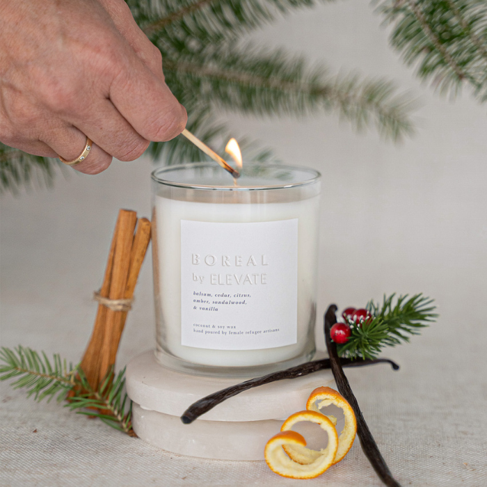 Elevate Boreal Holiday Candle With Balsam, featuring cedarwood and citrus, ideal holiday candle with balsam for cozy winter evenings.