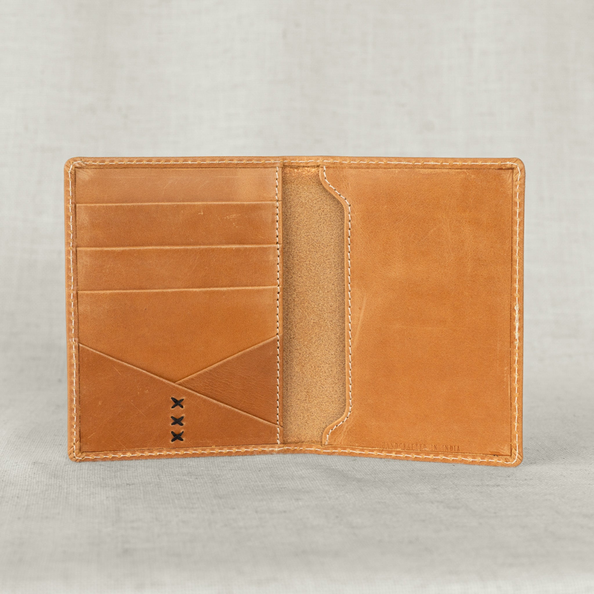 A close-up view of the Leather Passport Wallet with 4 card slots for easy access to travel essentials.