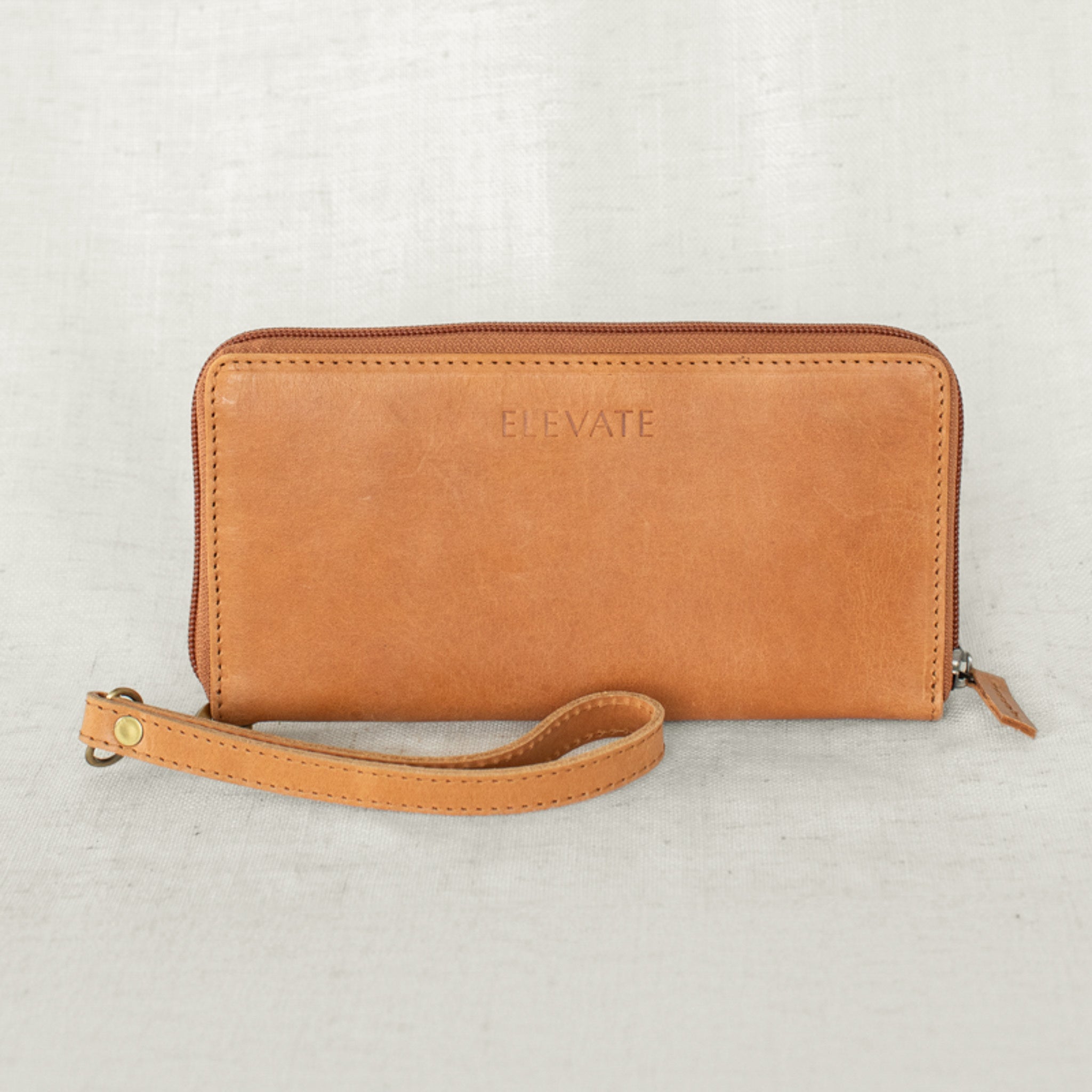 The elegant exterior of the leather zipper wallet, emphasizing its handcrafted quality and timeless style.
