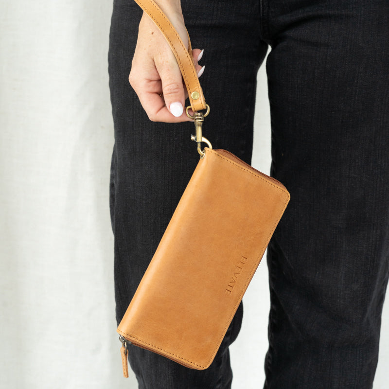 Zippered pocket of the leather zipper wallet for secure coin storage and easy access to receipts.