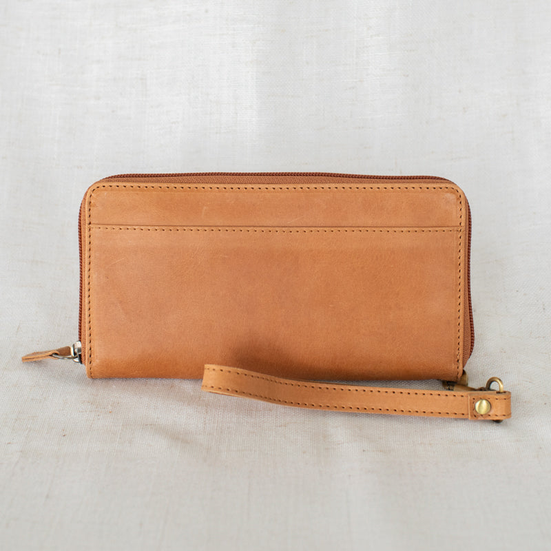Showcasing the leather zipper wallet's craftsmanship and durability, designed to age beautifully over time.