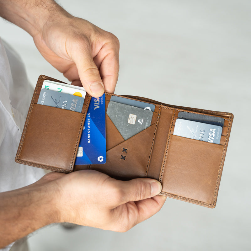 Titus Mens Leather Tri-Fold Wallet with premium full-grain leather, showcasing its durability and classic design, ideal for everyday use.