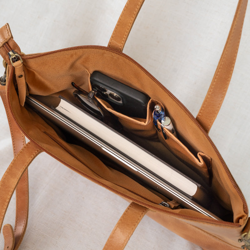 Close-up of the top zipper closure on the Mid-sized Zipper Tote, highlighting its secure design as a leather zipper tote.