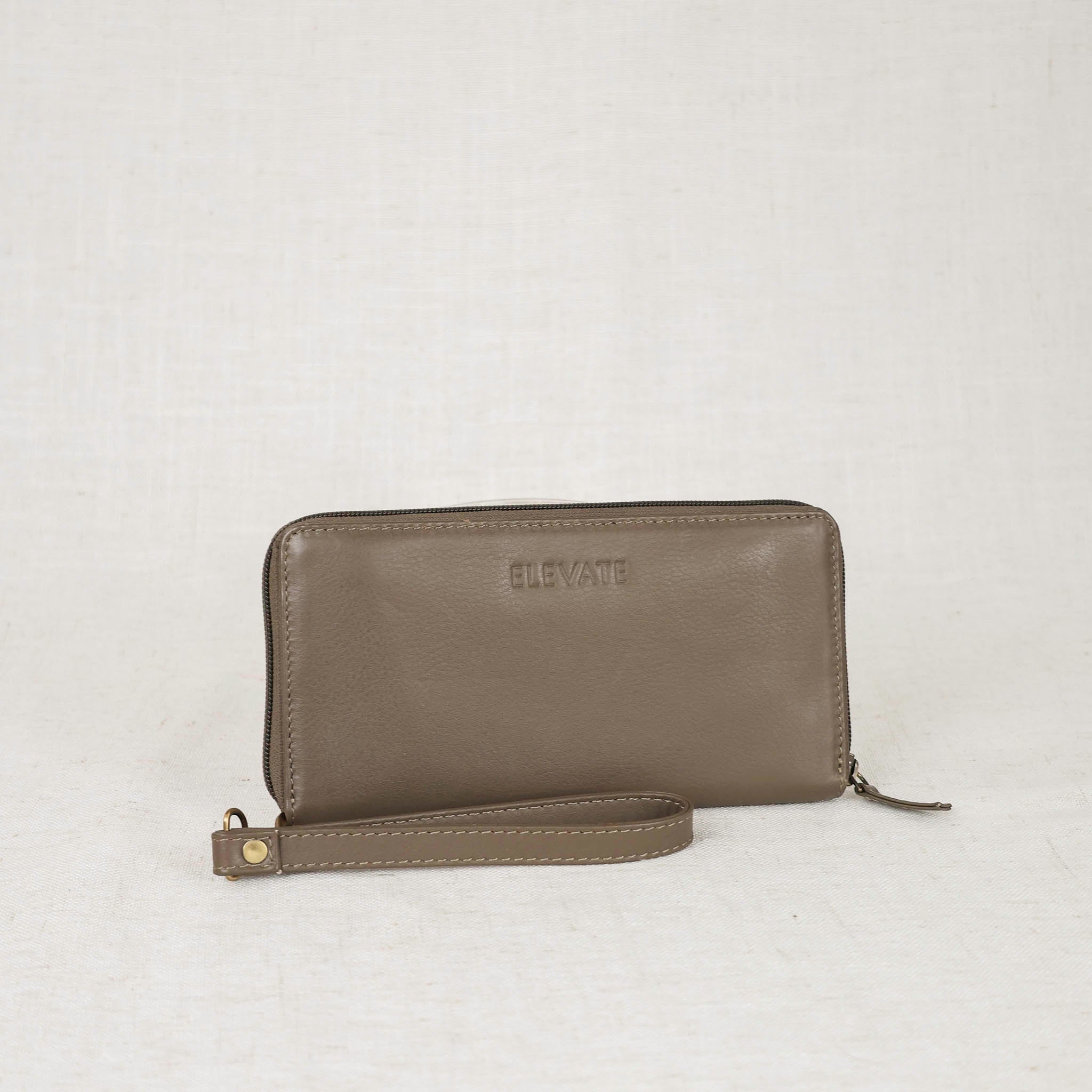 zipper wallet front view in moss colored leather