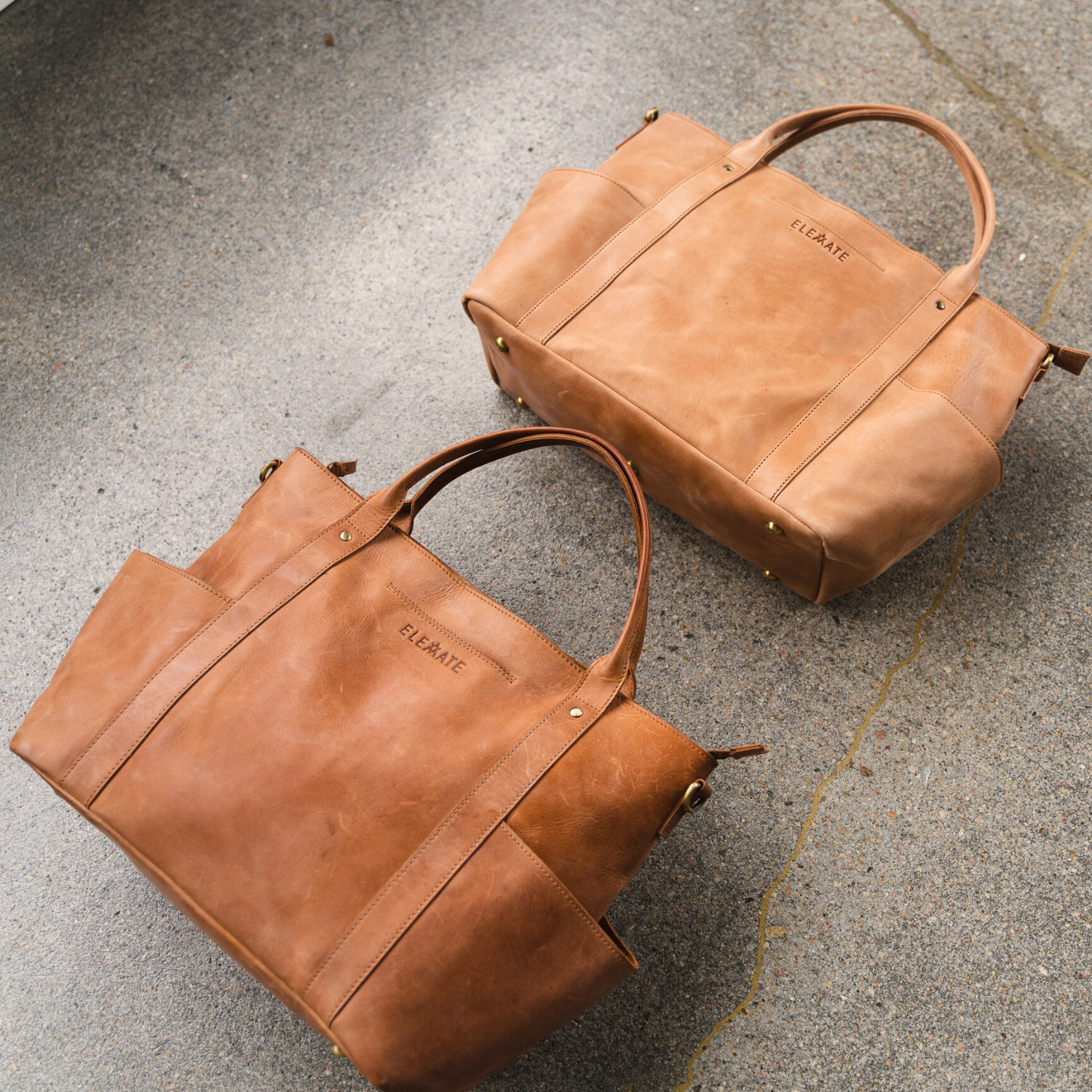 Camel Utility Tote before and after leather conditioning