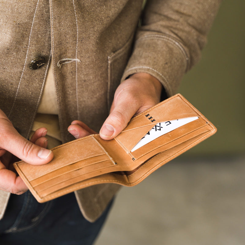 Man holding Elevate bifold wallet 