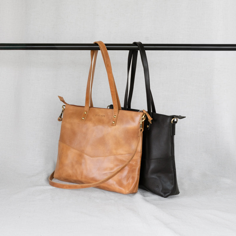 Midsized Zipper Tote by Elevate in camel and black