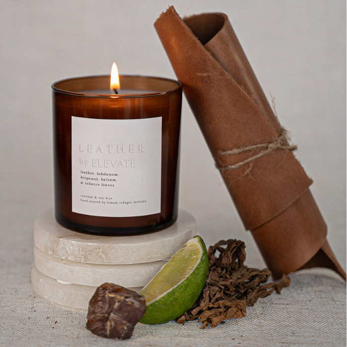 tobacco leaf and leather candle Handcrafted Leather Candle - Bold Aroma with Aged Leather, Bergamot, and  Tobacco Leaves