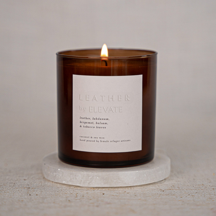 Leather by Elevate | Handcrafted leather candle with rich colors and texture, evoking the essence of luxury and sophistication.