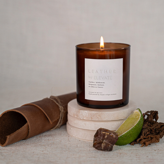 Leather by Elevate | Close-up of a handcrafted leather candle, highlighting its bold aroma of aged leather and elegant notes.