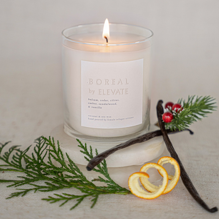 Close-up of Boreal Holiday Candle With Balsam, showcasing its festive scent blend, the ultimate holiday candle with balsam for your home.