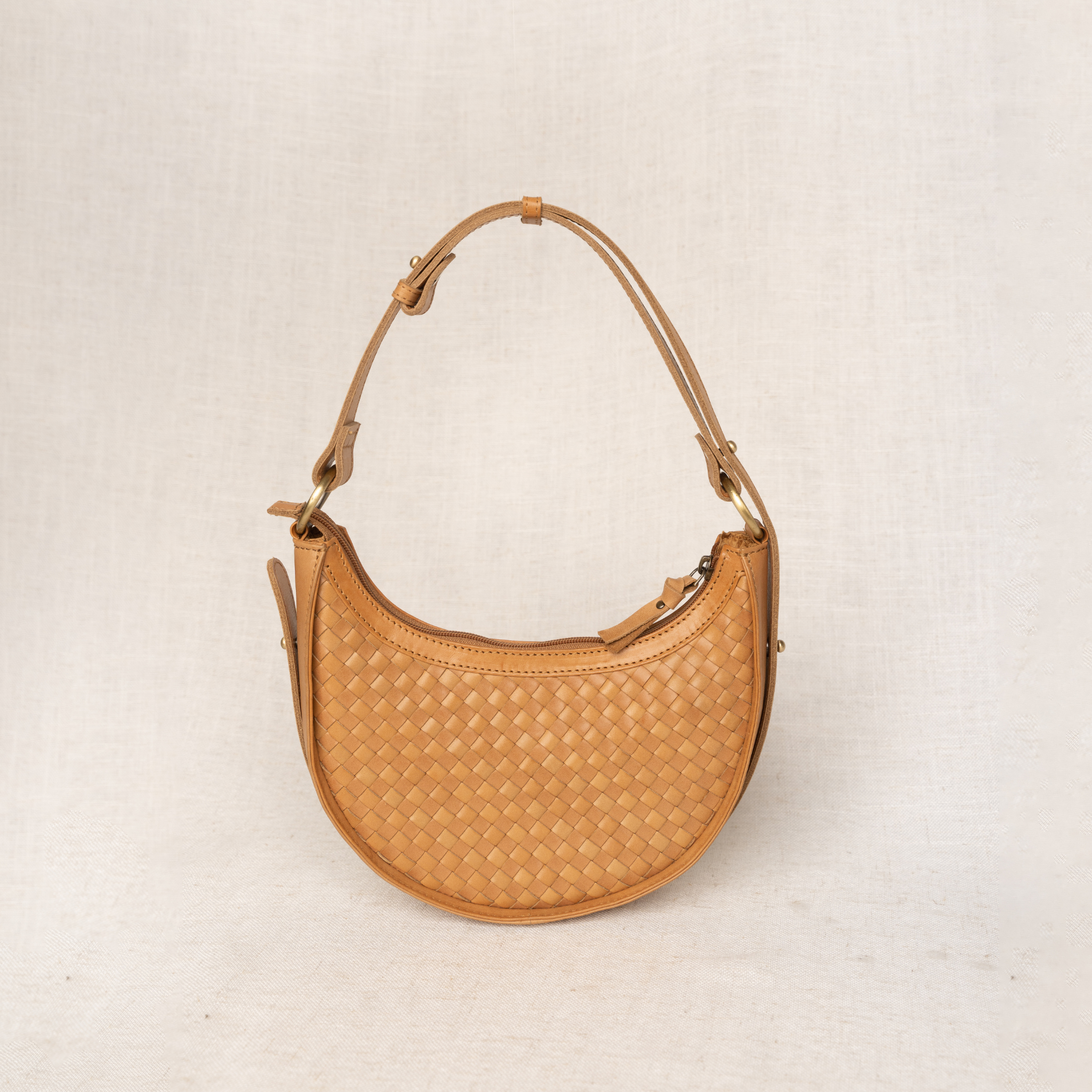 Priya woven leather crossbody bag in brown, handcrafted full-grain leather