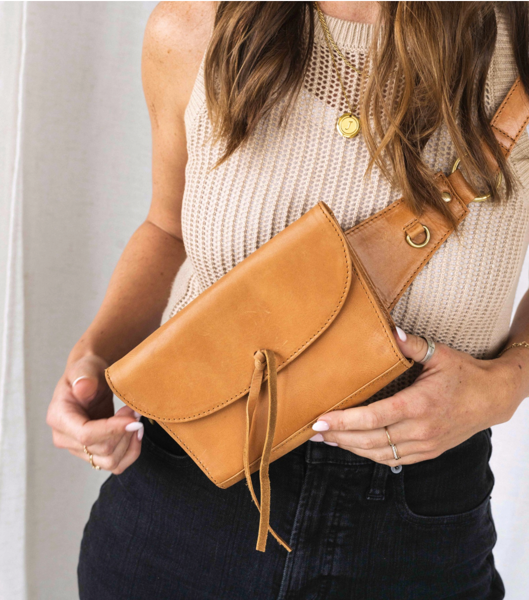 Close-up view of the Solma Leather Fanny Pack highlighting its built-in wallet with card slots and zip compartment, ideal for organized everyday use.