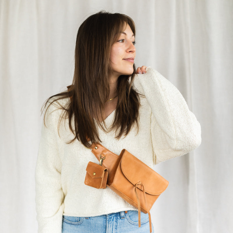 Handcrafted detail of the Solma Leather Fanny Pack, showcasing the premium full-grain leather used for durability and style.