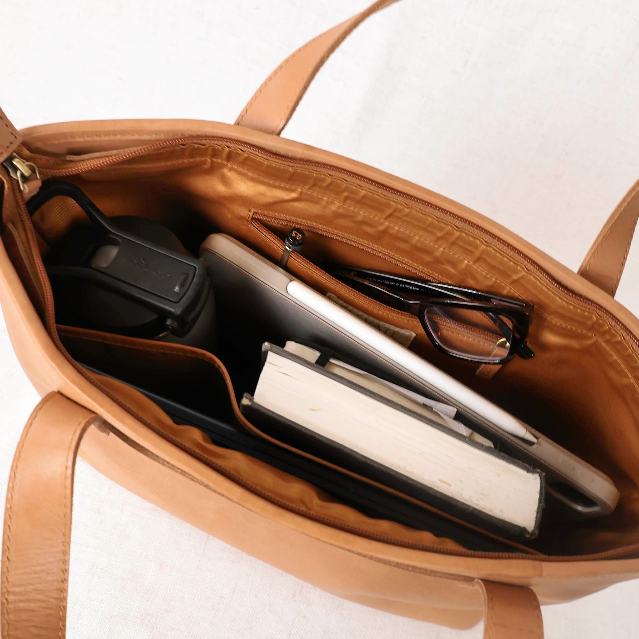 Elegant exterior of the Tara Tote - Premium Leather Tote With Laptop Sleeve, perfect for modern lifestyles.