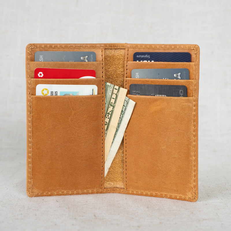 Sleek Vertical Leather Card Wallet showcasing premium full-grain leather, perfect for minimalists.